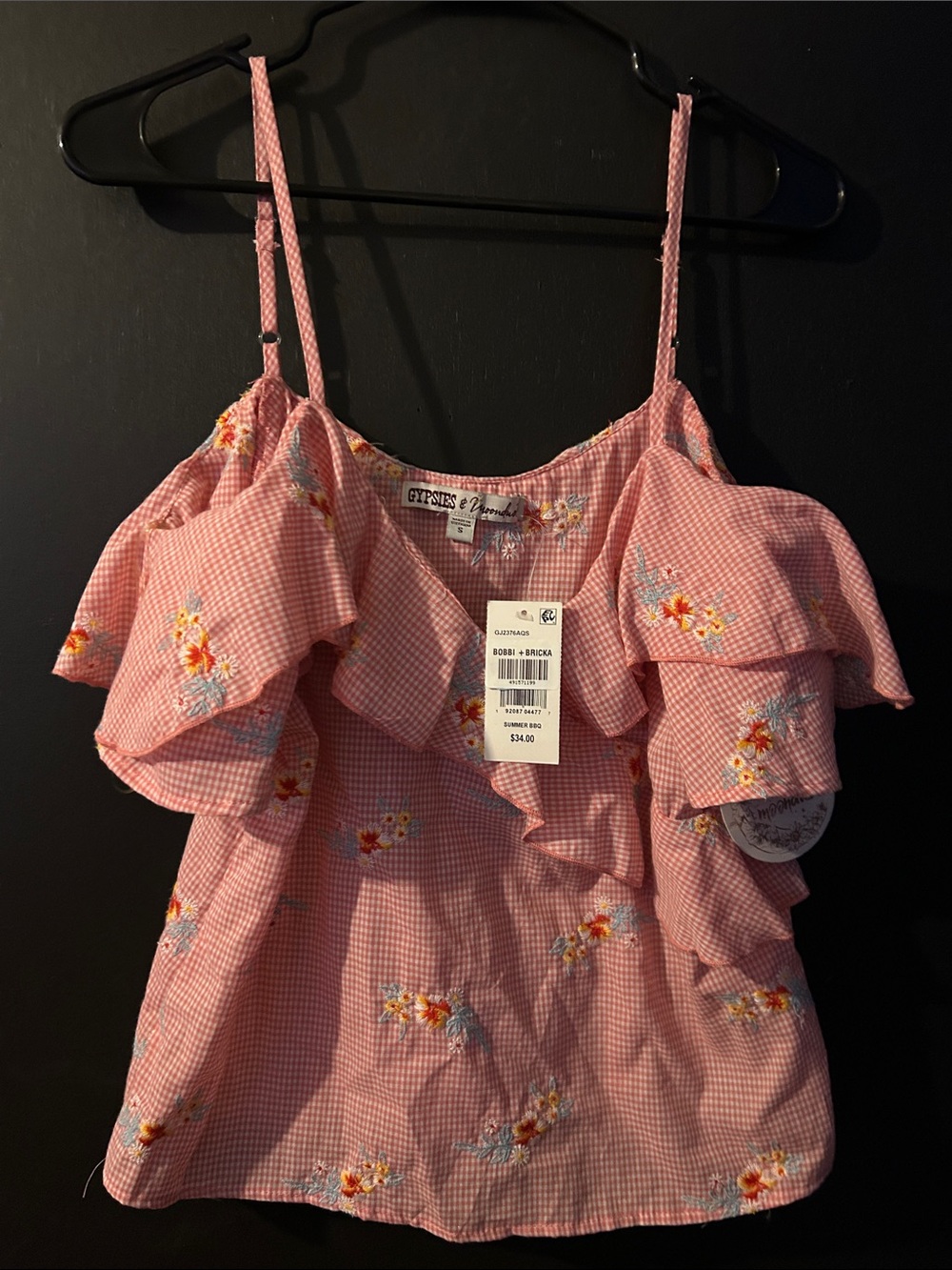 Gypsies & Moondust Pink Gingham Floral Ruffle Camisole
